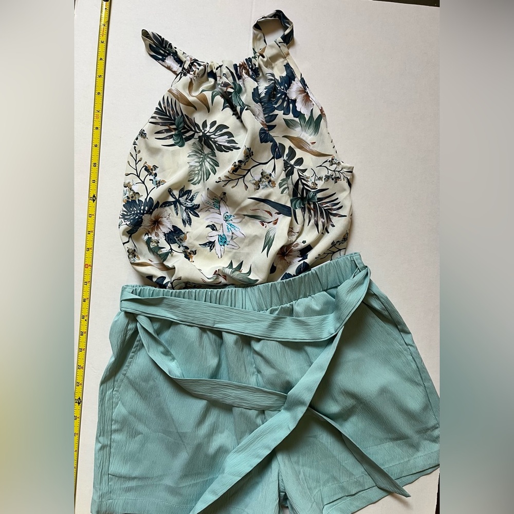 Floral Halter Top and Teal Shorts Set